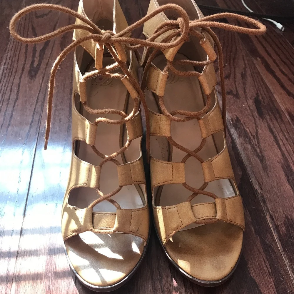 Lulu's Tan Lace-Up Cutout Block Heel Sandals